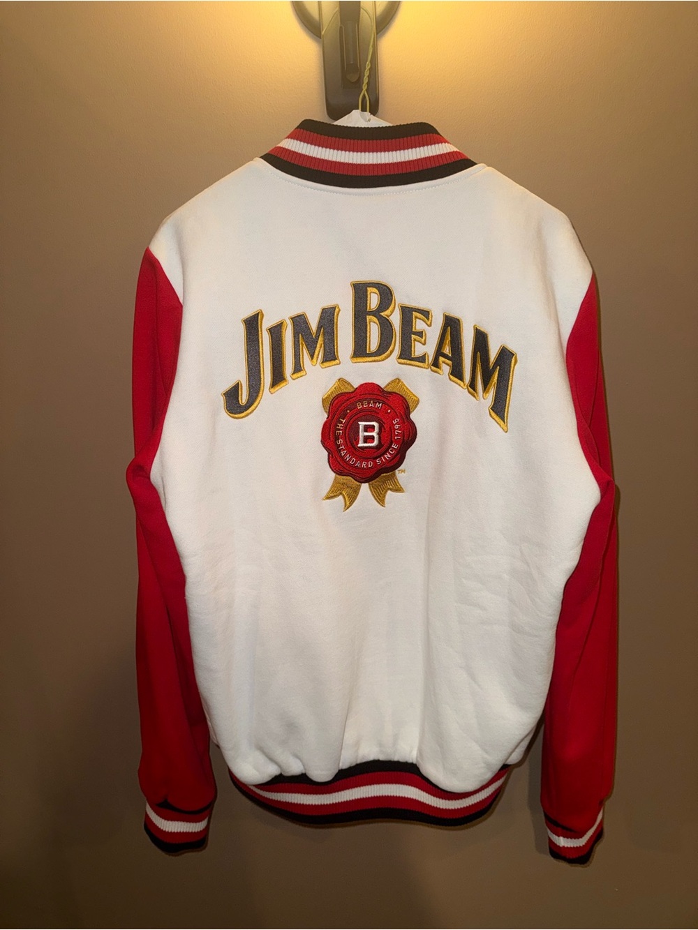 Jim Beam White and Red Varsity-Style Jacket with Embroidered Logo